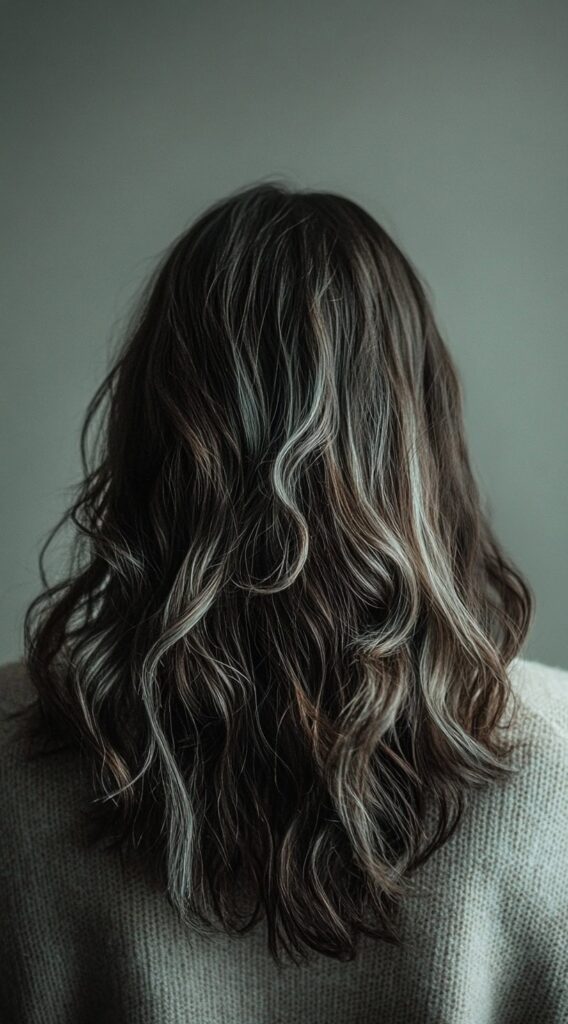 23 Chic Brown Hair with Silver Highlights Ideas 4 soft waves with silver highlights
