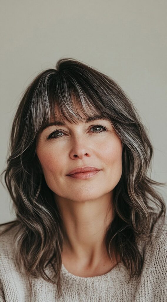 23 Chic Brown Hair with Silver Highlights Ideas 18 soft waves with silver highlights and bangs