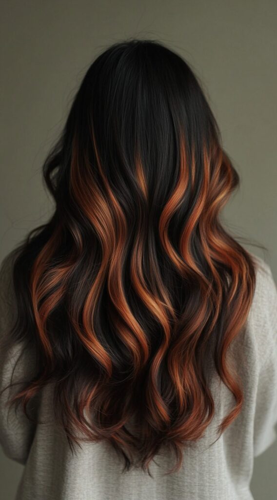 27 Inspiring Black Hair with Brown Highlights Ideas 1 soft wavy black hair with warm brown highlights