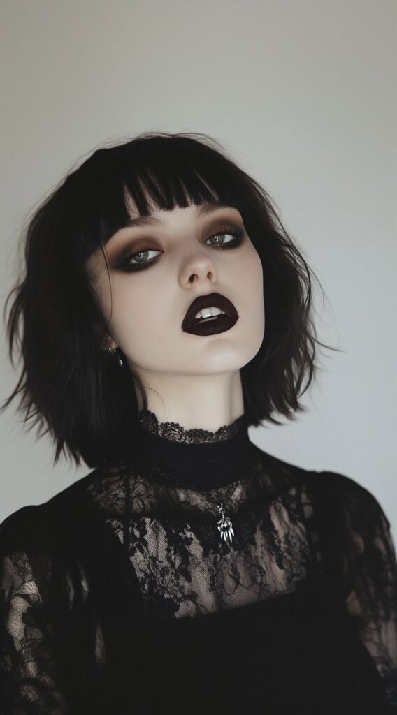36+ Vampire Hairstyles for Women 32 soft wavy bob with dark gothic makeup