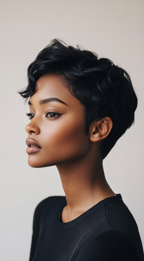 27 Trendy Pixie Hairstyles for Black Women 7 soft wavy pixie with side part