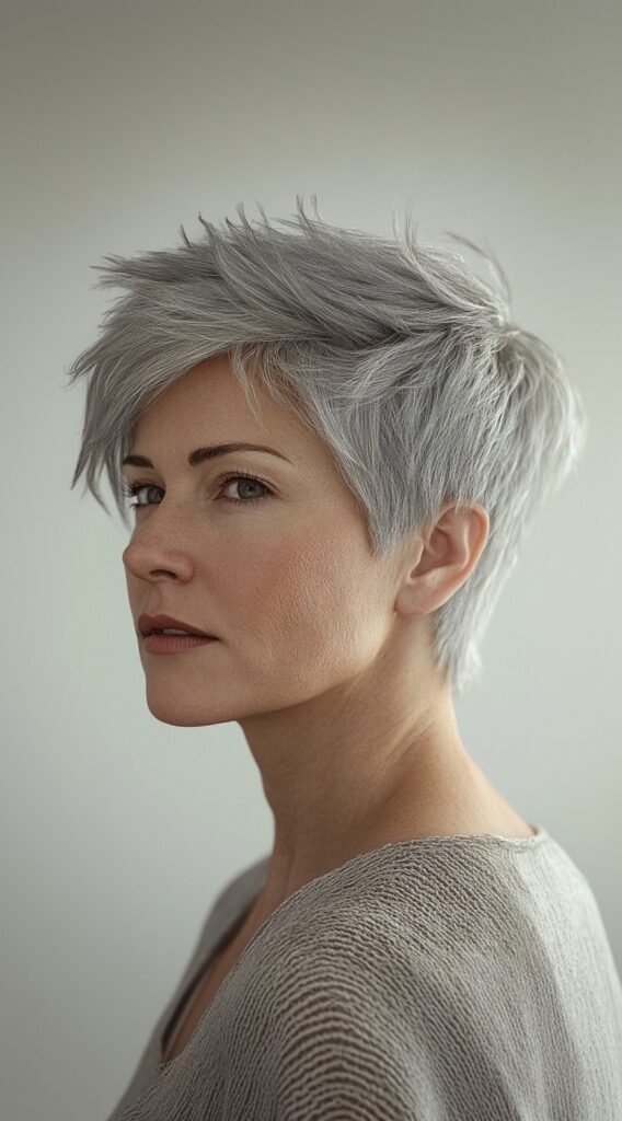 24 Chic Short Hairstyles for Women Over 50 with Gray Hair 9 spiky pixie with layers