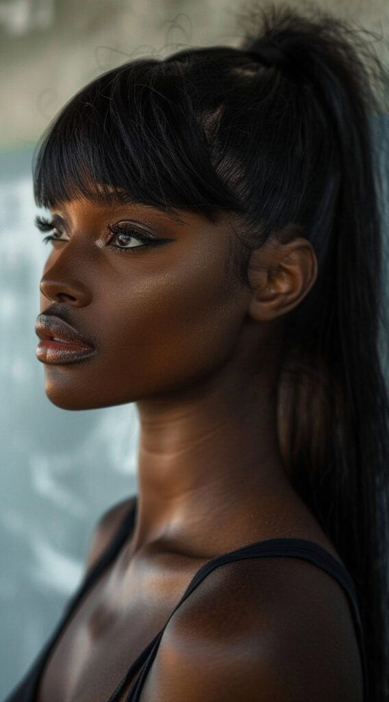 27 Weave Ponytail Hairstyles with Bangs: Chic and Modern Looks for Every Occasion 21 straight bangs with high ponytail