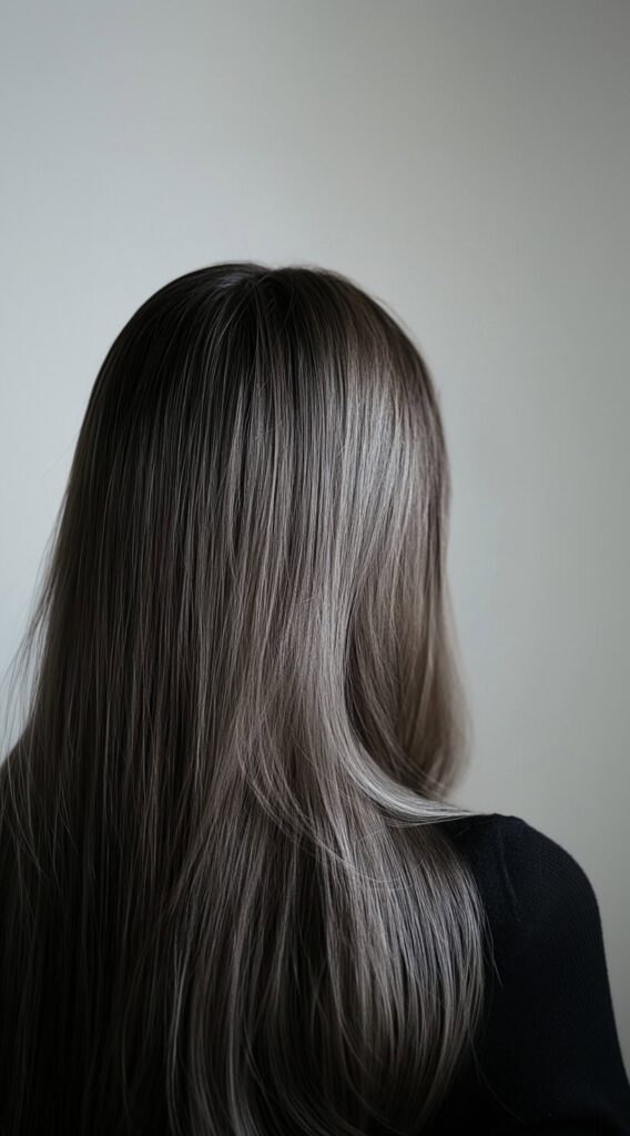 23 Chic Brown Hair with Silver Highlights Ideas 1 straight brown hair with subtle silver babylights