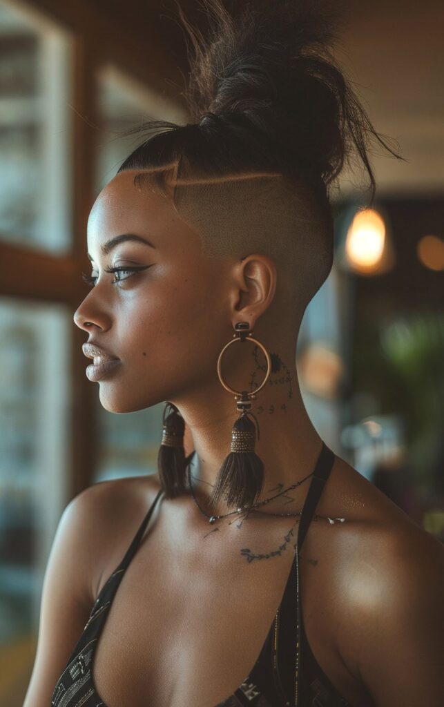 Shaved Sides with Ponytail for Black Women: 27 Stylish and Bold Ideas for Your Next Look 19 straight hair mohawk ponytail with shaved sides