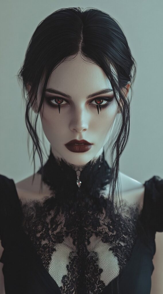36+ Vampire Hairstyles for Women 17 straight hair tied on the back with middle part and framing tendrils