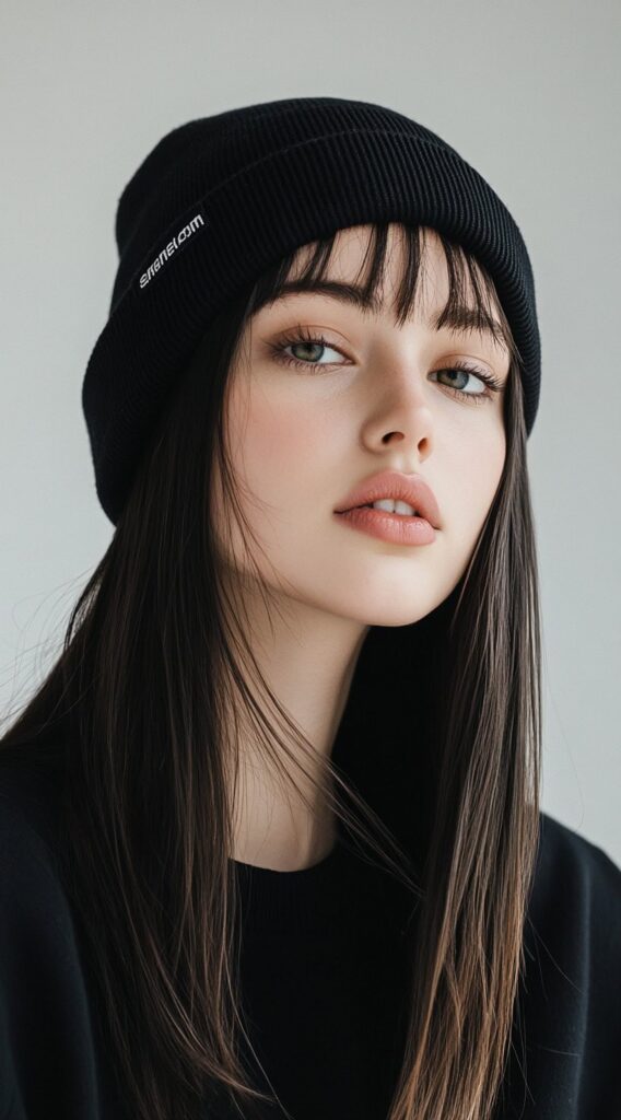 Mastering Beanie Hairstyles: 25 Simple and Stylish Ideas for Effortless Hair Days 14 straight hair with blunt bangs and a beanie