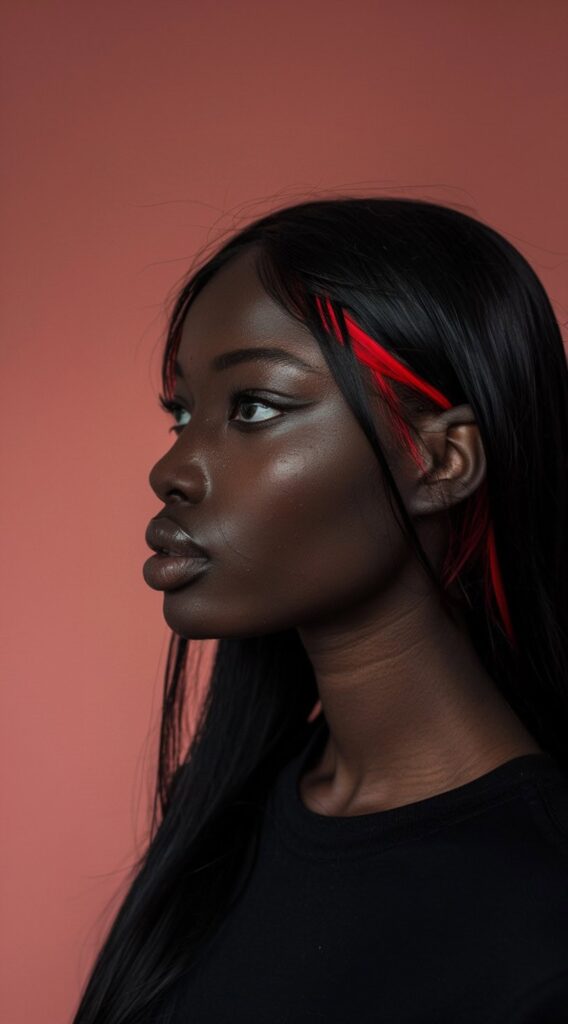 Peekaboo Highlights for Black Women: Transform Your Look with These 20 Stunning Ideas 2 straight long hair with red accents