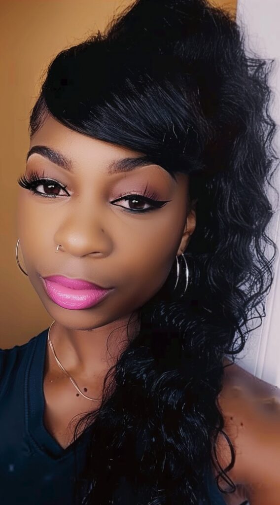 27 Weave Ponytail Hairstyles with Bangs: Chic and Modern Looks for Every Occasion 22 straight side swept bangs with curly high ponytail to the side