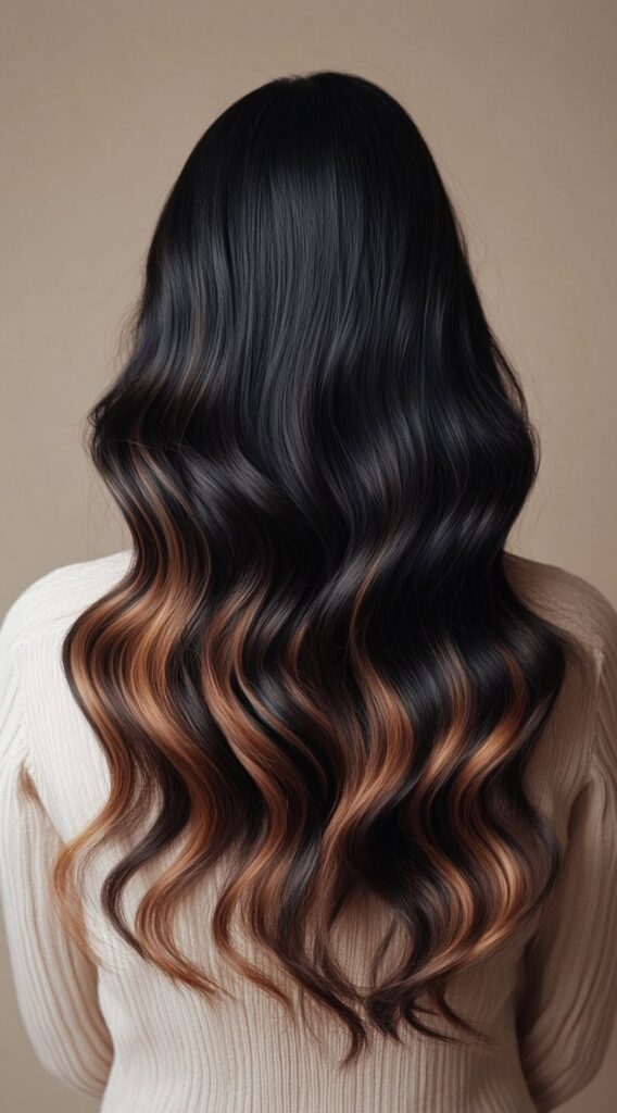 17 Dark Caramel Balayage Ideas: Transform Your Look with Stunning Hair Color Combinations 3 subtle dark caramel balayage on long hair with glossy finish