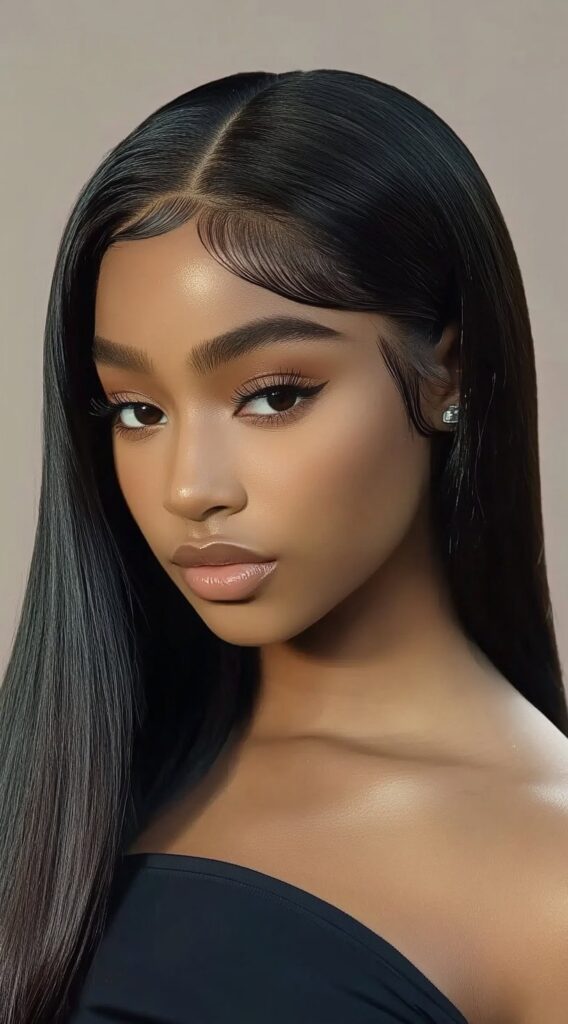 23 Straight Hairstyles for Black Women 17 super sleek middle part with laid edges