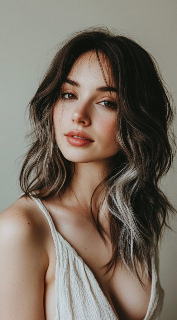 23 Chic Brown Hair with Silver Highlights Ideas 11 textured brown hair with face framing silver highlights