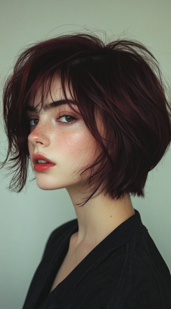 17 Cherry Cola Balayage Ideas: Add Depth and Drama to Your Locks 11 textured cherry cola bob with wispy bangs