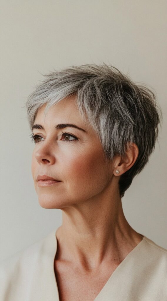24 Chic Short Hairstyles for Women Over 50 with Gray Hair 4 textured crop with long bangs
