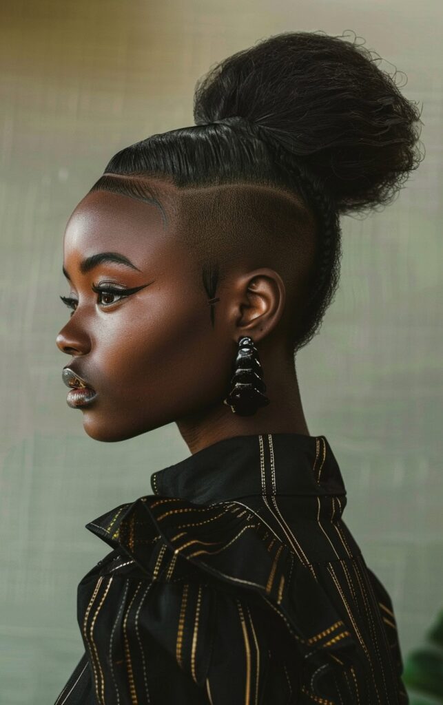 Shaved Sides with Ponytail for Black Women: 27 Stylish and Bold Ideas for Your Next Look 25 textured high bun with detailed shaved sides