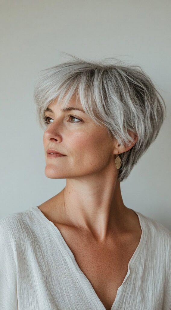 24 Chic Short Hairstyles for Women Over 50 with Gray Hair 7 textured pixie bob with side swept bangs