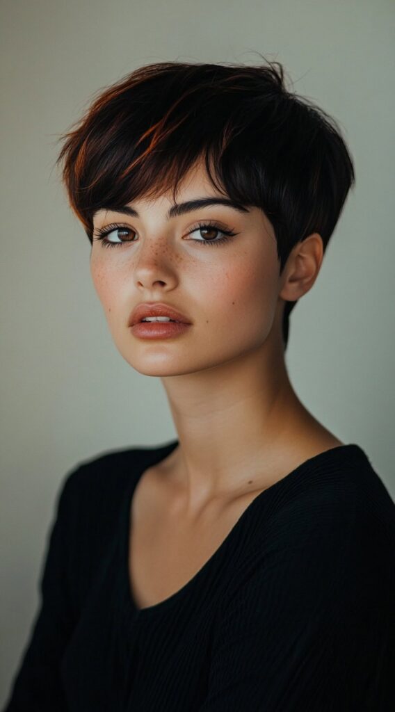 27 Inspiring Black Hair with Brown Highlights Ideas 6 textured pixie cut with subtle auburn highlights