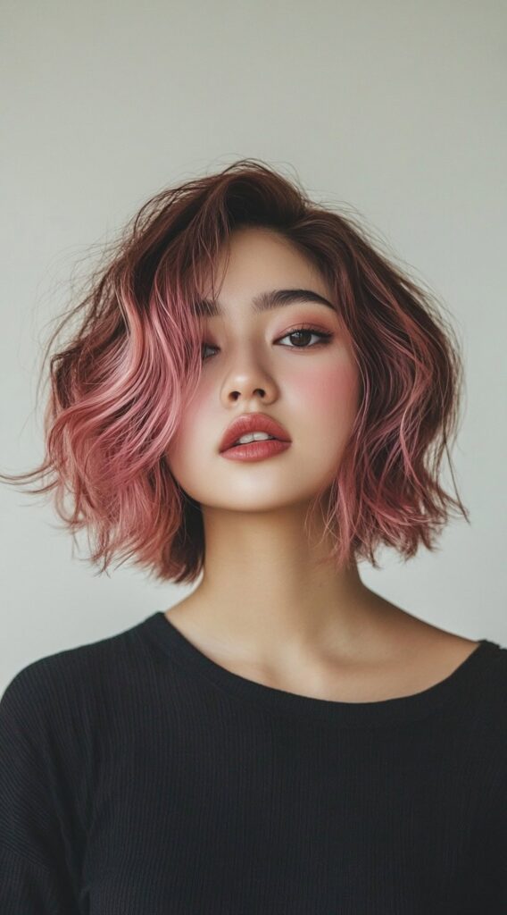 21 Pretty Pink Highlights in Brown Hair 13 textured tousled bob with pink balayage