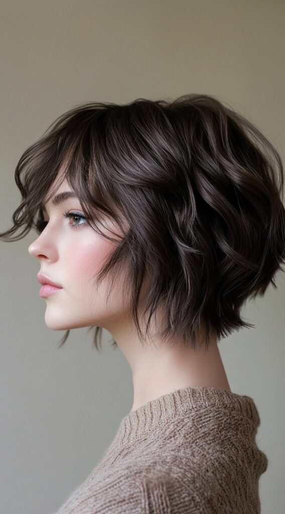 27 Chic Bob Hairstyles with Bangs: Fresh Ideas for a Modern and Flattering Look 16 textured wavy bob with subtle layers