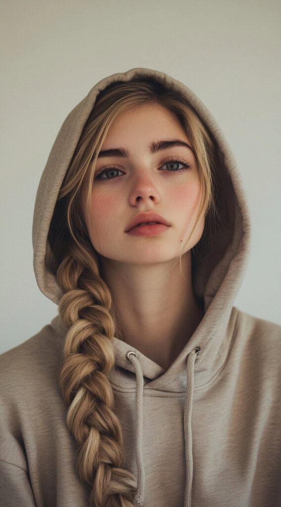 19 Hoodie Hairstyles to Try: Easy and Stylish Ideas for Every Hair Type 12 thick side braid with hood