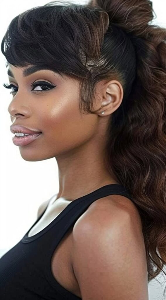 27 Weave Ponytail Hairstyles with Bangs: Chic and Modern Looks for Every Occasion 23 thick textured side swept bangs with wavy high ponytail