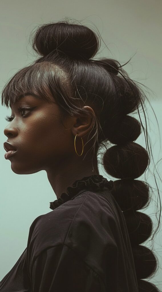 27 Weave Ponytail Hairstyles with Bangs: Chic and Modern Looks for Every Occasion 24 top knot with fringe and a bubble ponytail