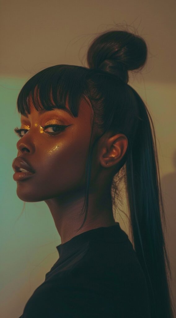 27 Weave Ponytail Hairstyles with Bangs: Chic and Modern Looks for Every Occasion 25 top knot with ponytail and wipsy bangs