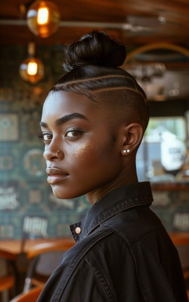 Shaved Sides with Ponytail for Black Women: 27 Stylish and Bold Ideas for Your Next Look 12 top knot with precision shaved lines
