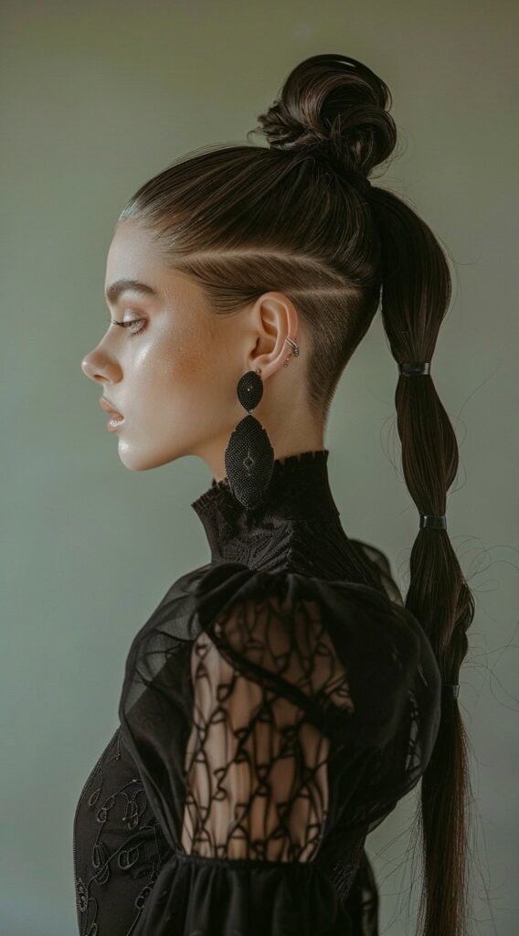 Undercut with Long Hair for Women: 23 Edgy and Elegant Hairstyle Ideas 14 top knot with sectioned ponytail
