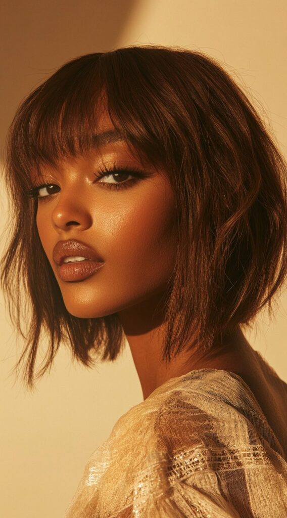 17 Trendy Brown Bob Hairstyles 7 tousled bob with full bangs