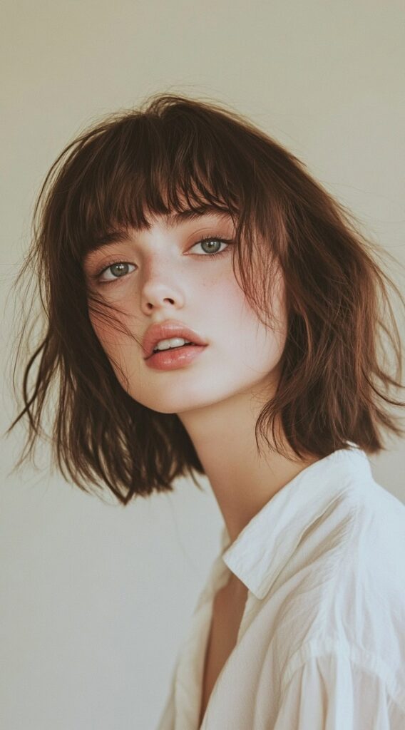 27 Chic Bob Hairstyles with Bangs: Fresh Ideas for a Modern and Flattering Look 7 tousled bob with piecey bangs