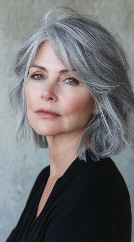 24 Chic Short Hairstyles for Women Over 50 with Gray Hair 5 tousled layered bob with volume