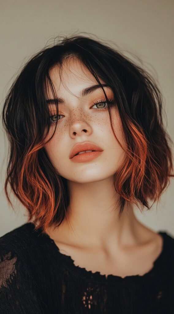 27 Inspiring Black Hair with Brown Highlights Ideas 3 tousled lob with copper brown tips