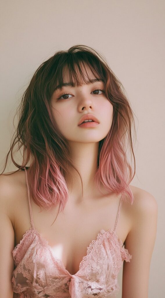 21 Pretty Pink Highlights in Brown Hair 4 tousled lob with faded pink ends