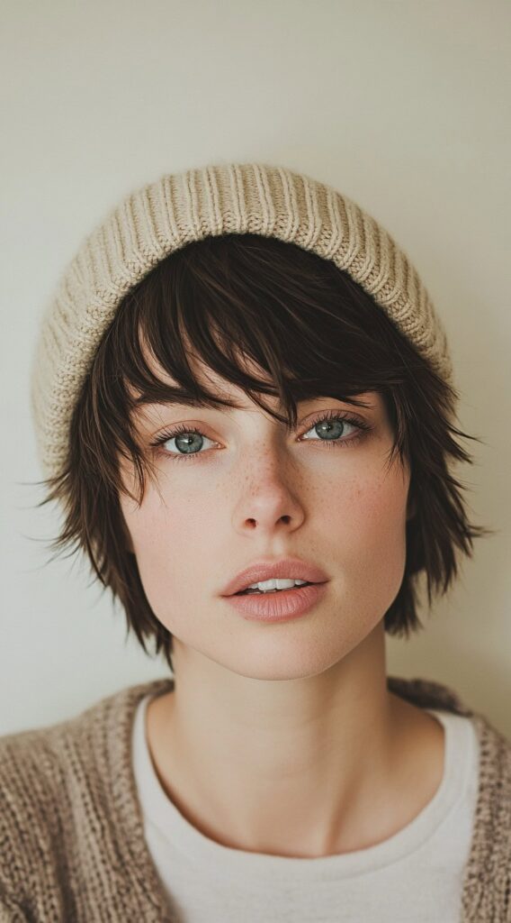 Mastering Beanie Hairstyles: 25 Simple and Stylish Ideas for Effortless Hair Days 13 tousled shag with a beanie