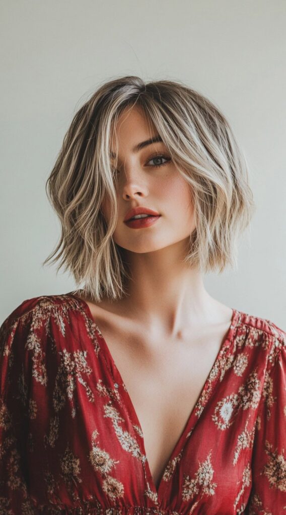 23 New Year’s Hairstyles for Short Hair 1 tousled textured bob with blonde highlights