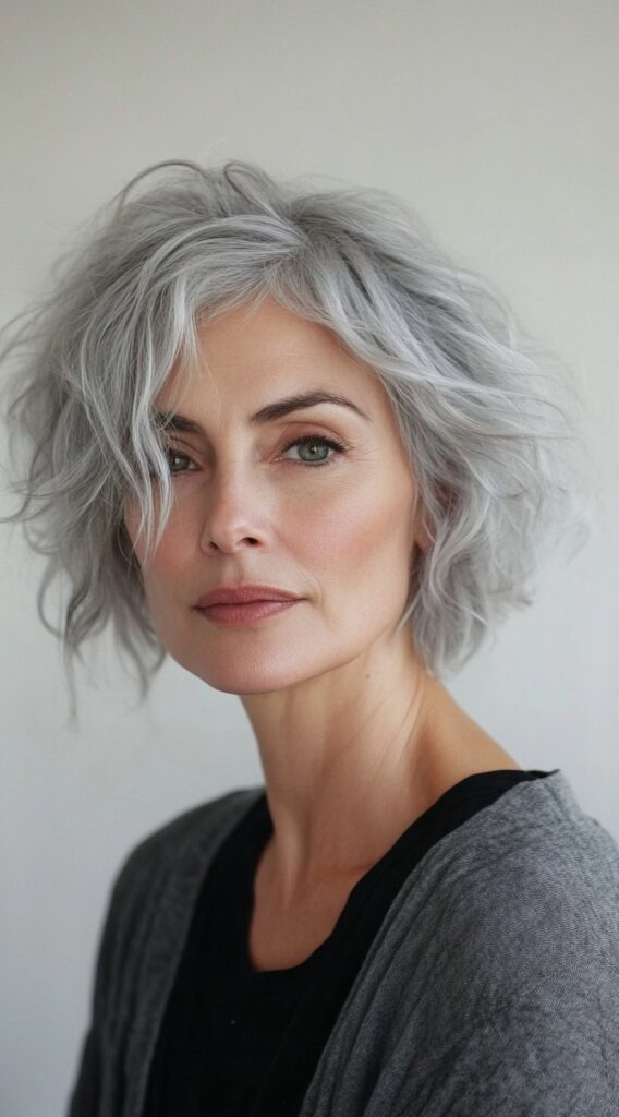 24 Chic Short Hairstyles for Women Over 50 with Gray Hair 12 tousled wavy bob