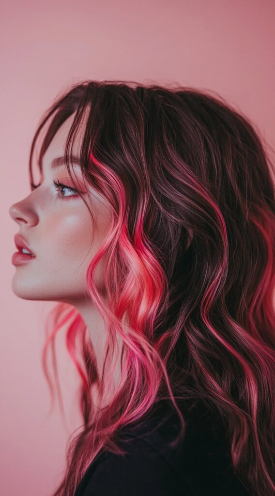 21 Pretty Pink Highlights in Brown Hair 10 vibrant magenta front streaks 1