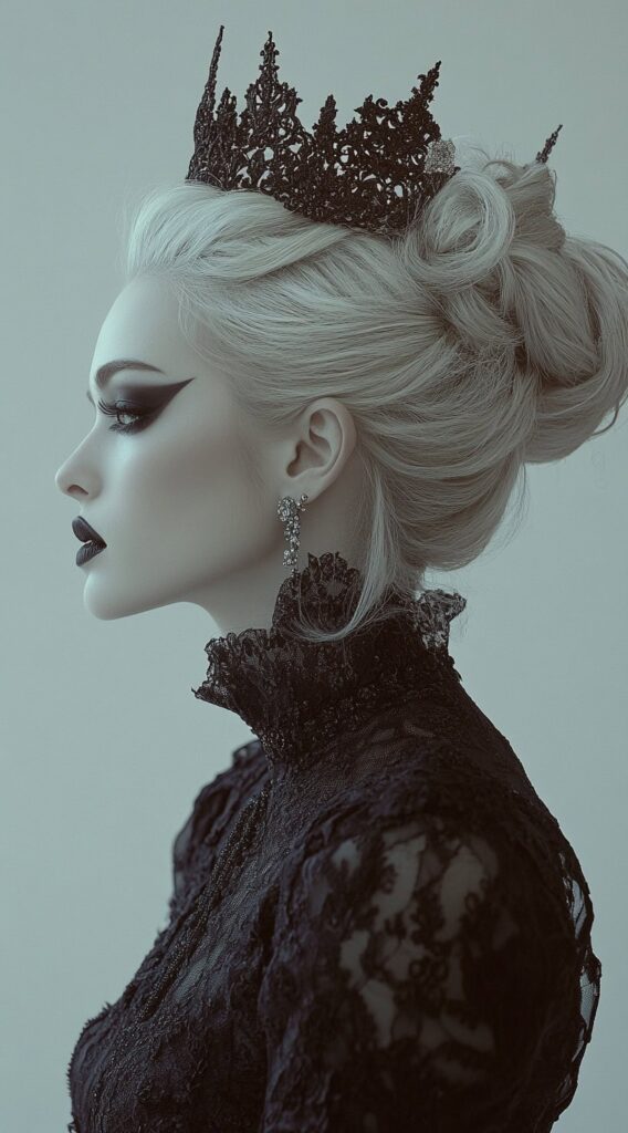 36+ Vampire Hairstyles for Women 24 victorian updo with a crown
