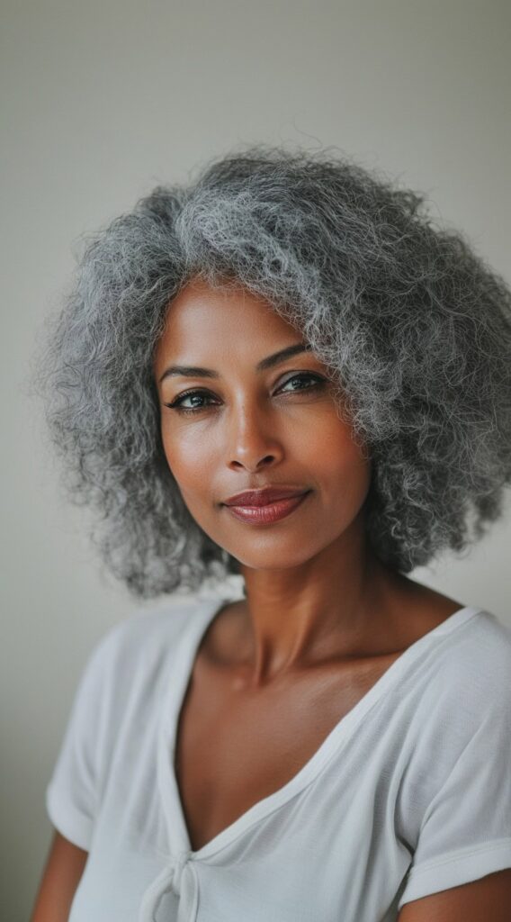 24 Chic Short Hairstyles for Women Over 50 with Gray Hair 23 voluminous afro bob