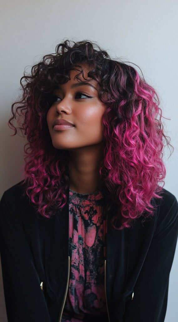 21 Pretty Pink Highlights in Brown Hair 18 voluminous curls with bright pink tips