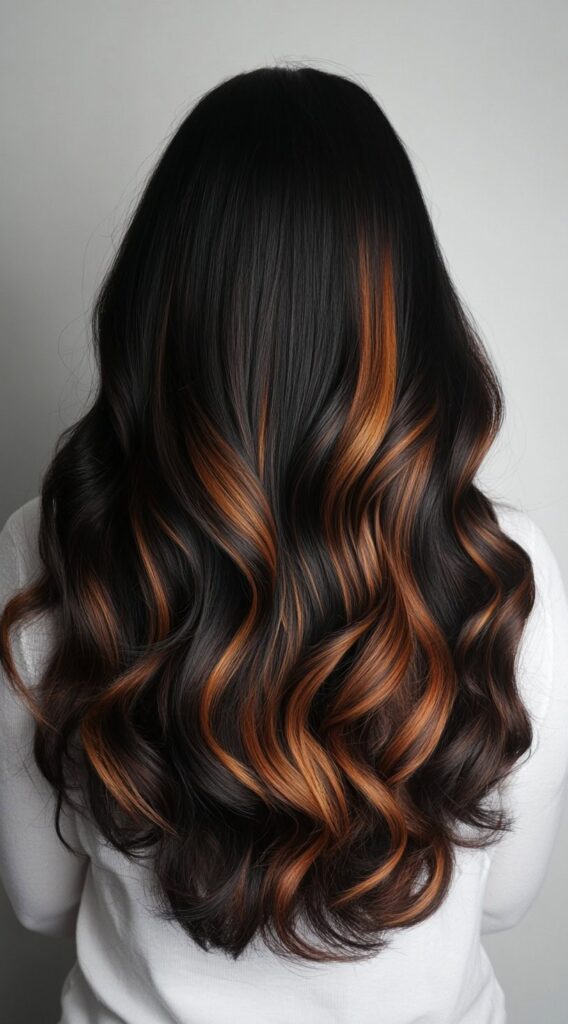 27 Inspiring Black Hair with Brown Highlights Ideas 5 voluminous curls with caramel brown highlights