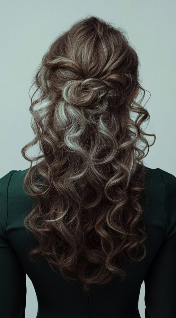 23 Chic Brown Hair with Silver Highlights Ideas 2 voluminous curls with silver highlights