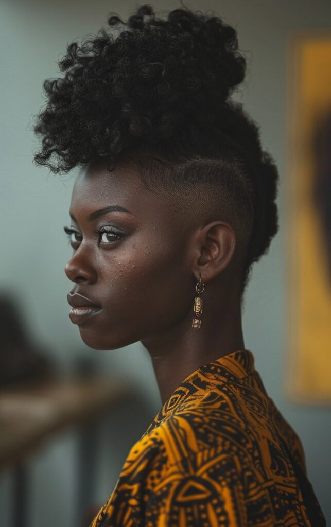 Shaved Sides with Ponytail for Black Women: 27 Stylish and Bold Ideas for Your Next Look 7 voluminous curly top with shaved sides