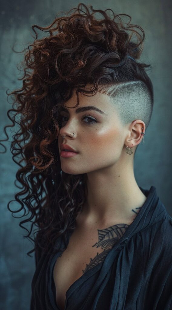 10 Long Curly Hair with Undercut Women Hairstyles: Stunning Ideas to Transform Your Look 3 voluminous faux hawk