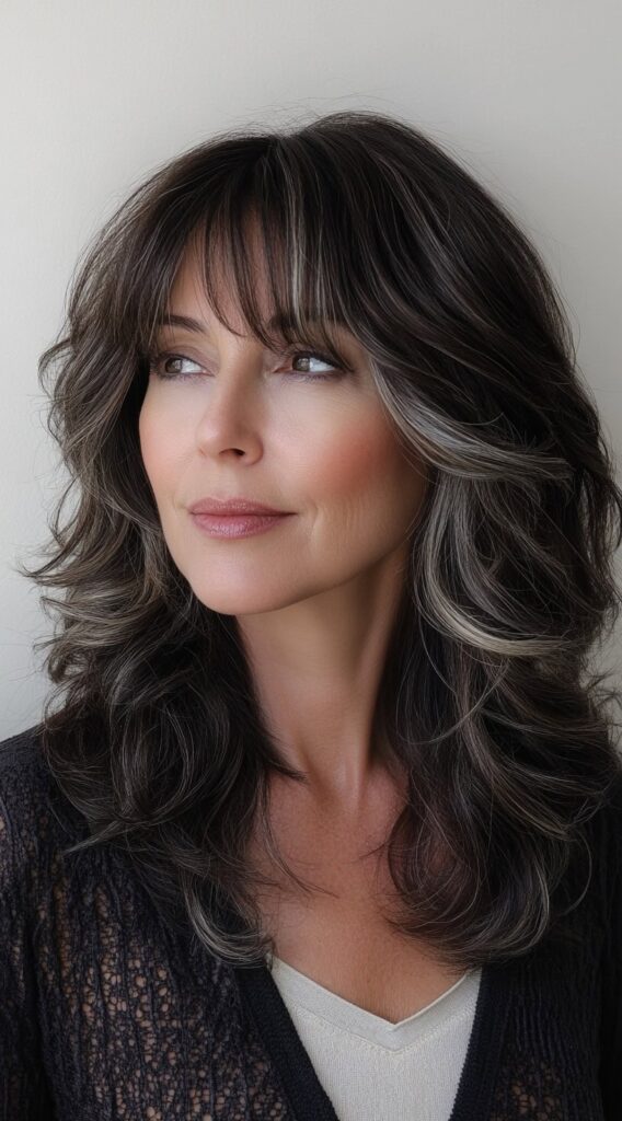 23 Chic Brown Hair with Silver Highlights Ideas 21 voluminous layers with silver highlights and bangs