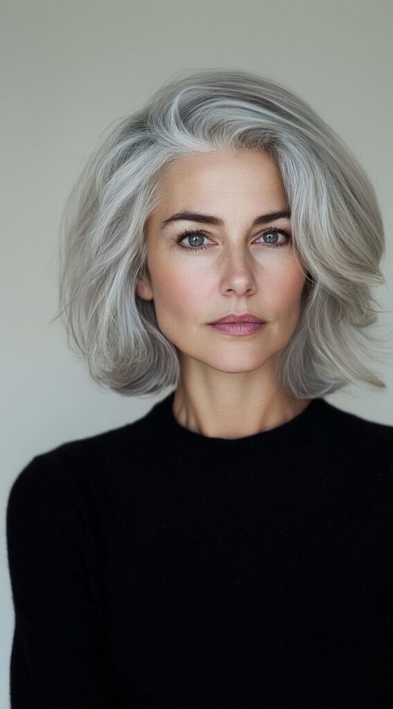 24 Chic Short Hairstyles for Women Over 50 with Gray Hair 17 voluminous shoulder length bob