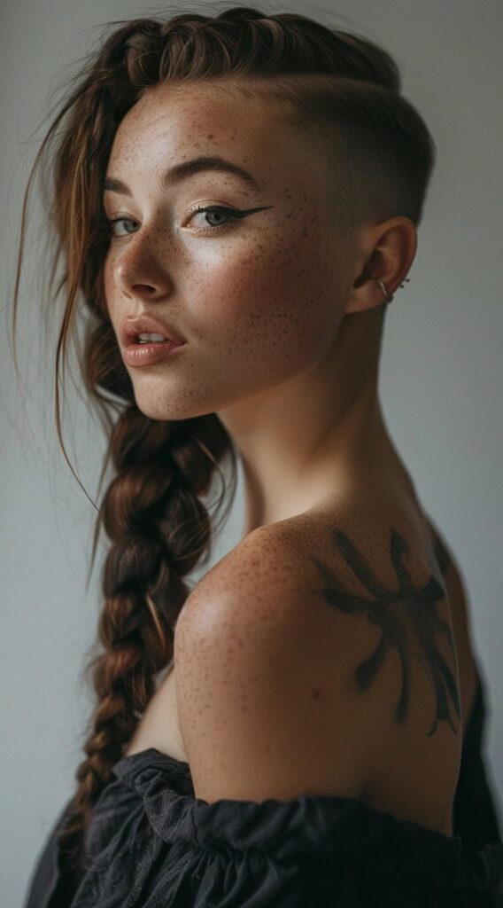 Undercut with Long Hair for Women: 23 Edgy and Elegant Hairstyle Ideas 22 voluminous side braid with fade undercut