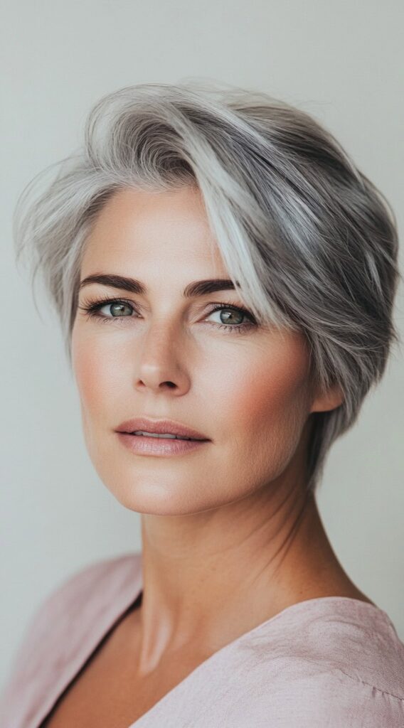 24 Chic Short Hairstyles for Women Over 50 with Gray Hair 11 voluminous side swept pixie