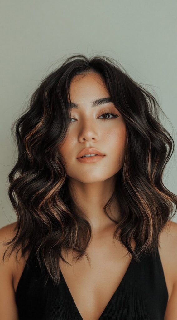 27 Inspiring Black Hair with Brown Highlights Ideas 27 voluminous waves with caramel highlights